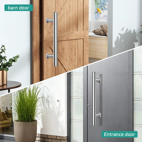 24 Inch Barn Door Handle Built Like A Tank With Heavy Duty 304 Stainless Steel Smooth Gliding Pull Bar on wooden barn and entrance doors.