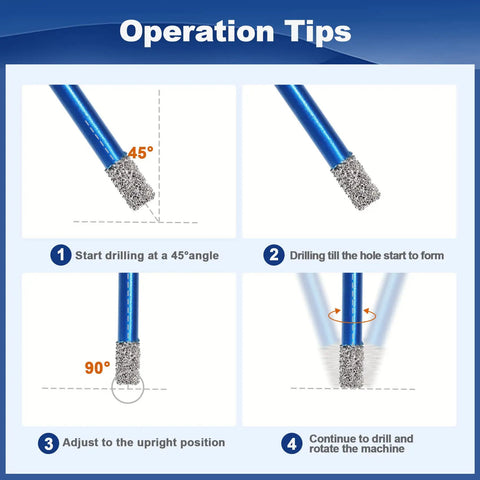 Operation guide for Go To Diamond Core Drill Bit Set For Porcelain Tile Ceramic Marble Granite with step-by-step drilling instructions.