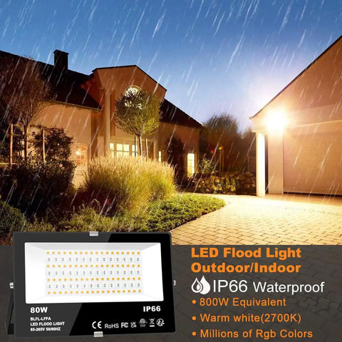 Smart Bluetooth RGB LED Flood Lights Outdoor And Indoor App Controlled Spotlight With 8000 Lumens And Million Colors Total Backyard Glow Up For Serious Lighting Vibes illuminating a residential yard at night.