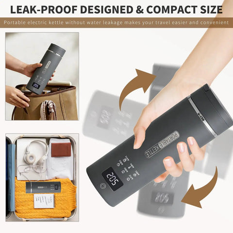 Travel Electric Kettle With 6 Temperature Presets, LCD Display, 304 Stainless Steel, 450ml Capacity, Auto Shutoff And Boil Dry Protection, Ultra Compact Portable Kettle For Home Or Travel Gray in use and packed in luggage.