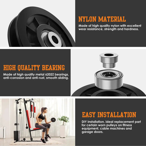 Heavy Duty Nylon Pulley Wheel For Home Gym Cable Setup Replacement With Precision Machined 6202z Metal Bearings shown from above, highlighting smooth design.