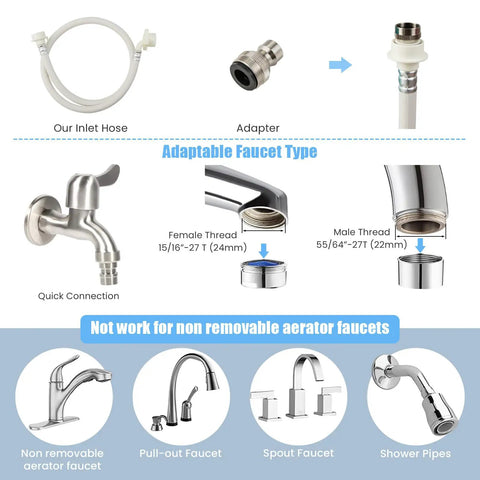 Inlet hose and adapter for Full Automatic Portable Washer And Dryer Combo Featuring Built In Pump Drain 8 Lbs Compact Laundry Spin Dryer.