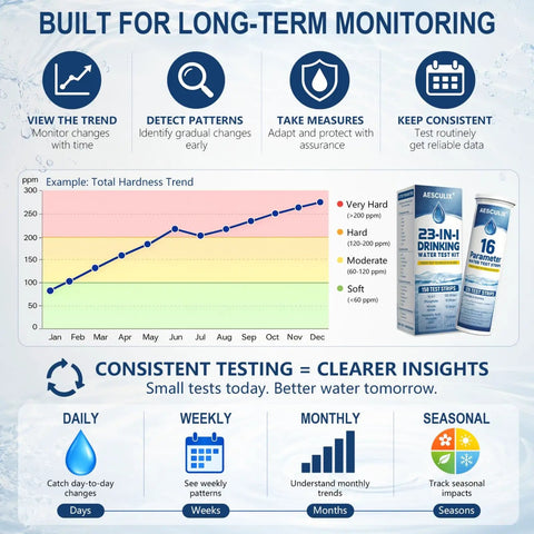 No Fuss 23 Parameter Water Test Kit With 158 Strips Checks Tap And Well Water for monitoring total hardness trends.