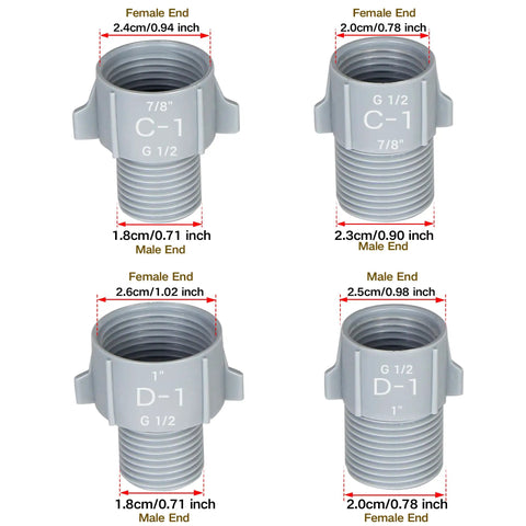 4 Pack Water Pipe Adapter Kit 1/2 To 1 Inch And 7/8 Inch Converters For G1/2 BSPP NPT SAE Threads, Male To Female Hose Fittings