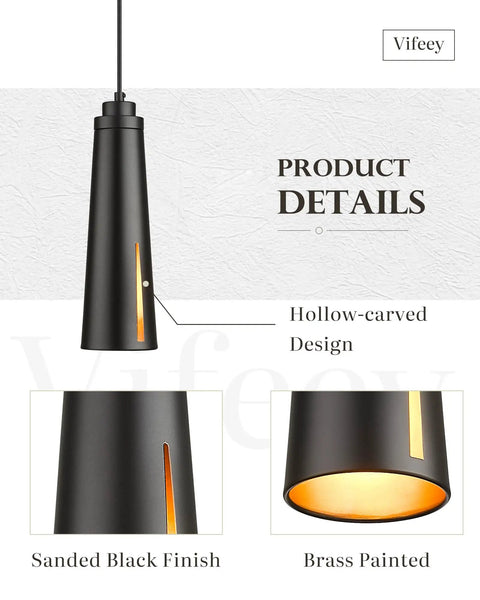 Two Pack Industrial Pendant Lighting Set Modern Farmhouse Black Mini Hanging Lights For Kitchen Island Dining Room Living Room And Hallway Sleek Black Finish With Subtle Gold Accent For Dope Cozy Vibe At Home VF1911PTBK, showing hollow-carved black finish detail