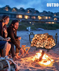 Couple by outdoor fire pit with 30 Inch Firewood Rack With Log Carrier Bag Upgraded Taller Version, steel rack in background.