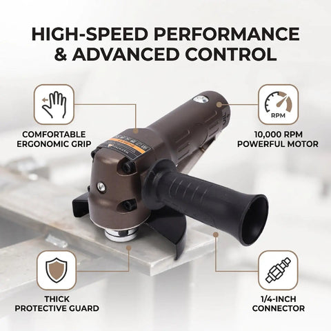 Heavy Hitting Pneumatic Air Angle Grinder Pumping 10000 RPM Kick For Rapid Material Removal Along With Lightweight Composite Shell and Smooth Contoured Handles.