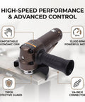 Lightweight Pneumatic Angle Grinder With A 110 Millimeter Wheel Delivering No Sweat Operation And Slick Handling For Fast Metal Grinding And Quick Repairs At 10000 Rpm, featuring ergonomic grip and protective guard.