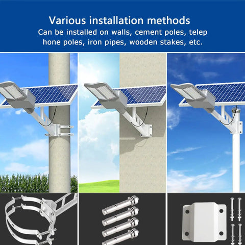 Hella Bright 10000W Solar Street Light With Remote Control IP65 Waterproof Dusk To Dawn showing various installation methods on poles and walls.