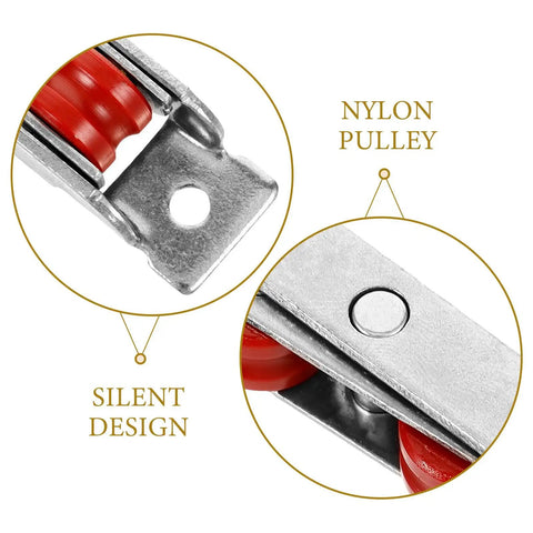 Close-up of nylon pulley with red dual wheel rollers, part of Rugged Sliding Door Pulley Track Set With Silent Dual Wheel Rollers And Rigged Tight Stainless Steel Nylon Bearings For Slick Closet Door And Window Replacement Hardware.