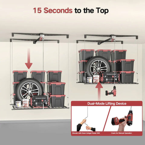Heavy Duty Overhead Garage Storage Rack For 10 To 12 Ft Ceilings With A Slick Drop Down Release And Rock Solid Safety Locks 4X4 Foot Ceiling Loft Organizer 250 Lb Capacity, showing dual lifting modes.