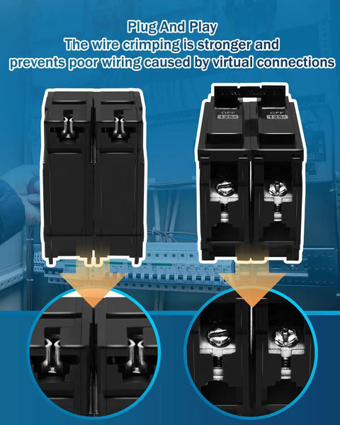 Rock Solid Double Pole 125 Amp Circuit Breaker Designed For Heavy Duty Residential Commercial And Industrial Electrical Panels close-up view of wiring terminals.