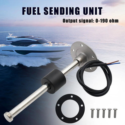 Heavy Duty Stainless Steel Fuel Sending Unit 0 To 190 Ohms Marine Auto Gas Tank Level Sender with mounting plate and wires.