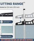 Foldable Drywall Cutter Featuring Adjustable Blade And Dual Scale Ruler With Laser Etched Markings For Quarter Or Three Eighths Inch Gypsum showing cutting range and thickness for drywall.