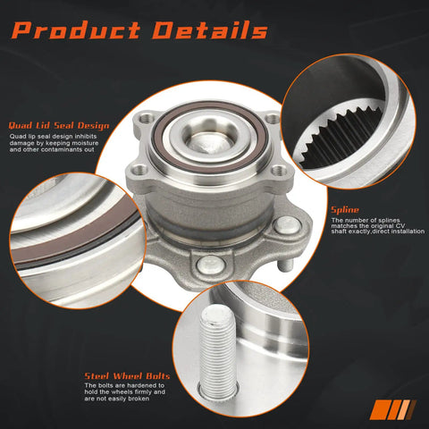 Heavy Duty Rear Wheel Hub And Bearing Assembly Direct Swap For Infiniti JX35 QX60 Nissan Altima Maxima Murano Pathfinder Mitsubishi RVR Zero Hassle Rig Fix, showing quad lid seal, spline, and steel wheel bolts.