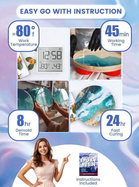 Image showing instructions for Crystal Clear Epoxy Resin Kit 64 Ounce For Art Casting And DIY Jewelry Wood Molds Self Leveling 1 To 1 Mix No Bubble Not Yellowing UV Resistant Ultra Easy Pour with temperature and curing times.
