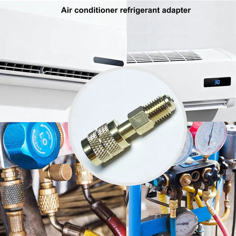 Top Shelf 1/4 Inch Sae Brass Refrigerant Adapter For R32 And R454B Gas Cylinders featured with AC units and gauge setup.