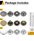 Kickass 24 Piece Leather Snap Fastener Kit 12Mm with 24 snaps and 4 install tools in silver, bronze, and gunmetal finishes.