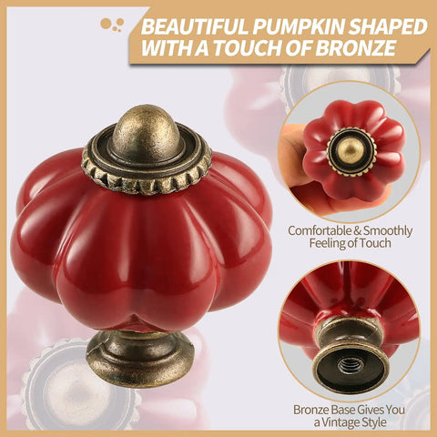 Six Pack Dark Red Ceramic Pumpkin Cabinet Knobs With Mounting Hardware Killer Vintage Drawer Pulls with bronze base detail.