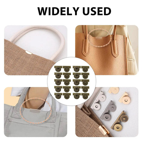 Rad Magnetic Snaps for Purses and Totes No Sew Button Clasps 40 Piece Variety Pack shown on different bags for easy DIY use.