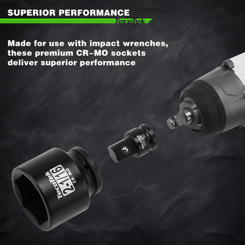 Beefy 9 Piece 6 Point Impact Socket Set With Jumbo SAE Size Range From 2 And 1 Sixteenth Inch To 2 And A Half Inch Forged Cr Mo Steel Black Oxide Finish For Extreme Torque And Long Life Plus One Half Inch Drive To Three Quarters Inch Adapter displayed with impact wrench