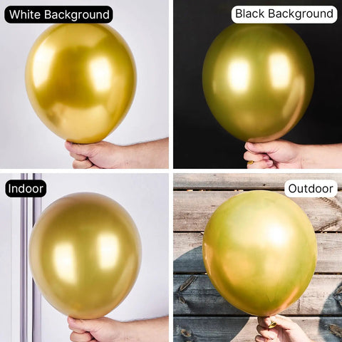 Top Tier 12 Inch Gold Latex Helium Balloons 50 Pack Slay Party Decorations held in hand against various backgrounds.