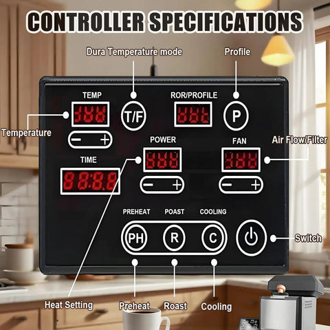 Electric Coffee Bean Roaster With Auto Baking And Transparent Viewing Drum For Home Barista Setup built-in control panel with digital display