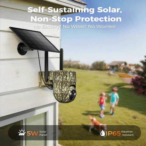 Hella Reliable LTE Cellular Trail Camera With 360 Degree Wide Angle And 2K Crisp Night Vision on wall with solar panel, monitoring backyard.