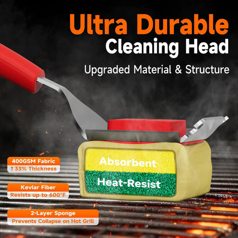 Close-up of ultra durable cleaning head of Safe No Wire Grill Brush With Scraper For Outdoor Grill Cleaning Steam Safe Cleaner.
