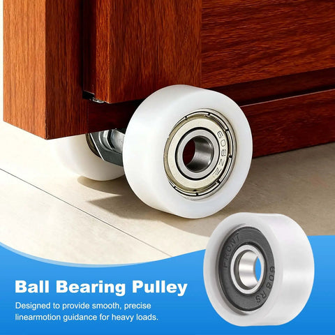 Built Tough Eight Piece Nylon Ball Bearing Guide Pulley Roller Kit Featuring Slick Ultra Smooth 608Rs Sealed Bearings For Heavy Load Conveyor Rigs And Garage Mods on a cabinet.