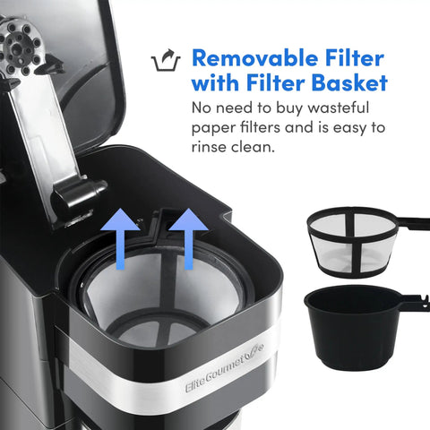 Close-up of a Single Serve Coffee Maker With Travel Mug, Fast Brew In Under 60 Seconds, Compact Design, showing the reusable filter.