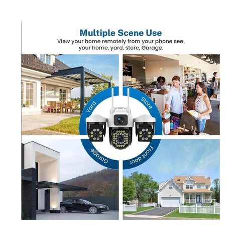 Heavy Duty Wireless Ptz Outdoor Security Camera Featuring No Sweat Setup With 15Mp Triple Lens Ai Human Tracking And Ip66 Weatherproof Shell showing multiple scenes of use including yard, store, garage.