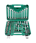 Grease Monkey Approved 61 Piece Socket Wrench Set Featuring Chrome Vanadium Steel Ratchet Tool Kit For Tight Spaces in green case.
