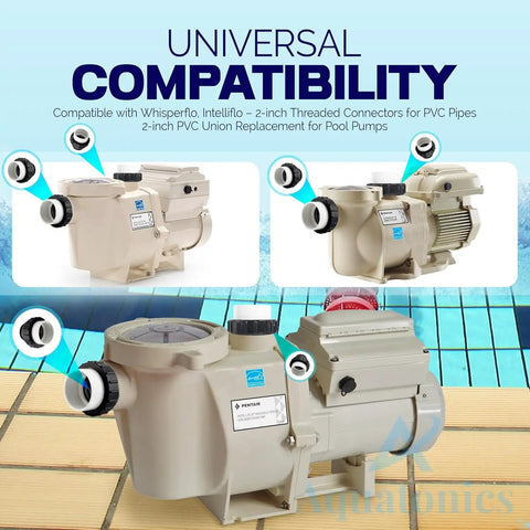 Hi Temp 2 Inch PVC Union 2 Pack For Pool Pumps showcasing compatibility with Whisperflo and Intelliflo systems