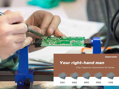Bang For The Buck SMD Chip Capacitor Assortment Kit Standard 1206 EIA Size Packs 2610 Pieces Across 70 Mainstream Values Spanning 1pF To 100uF RoHS Compliant in use on a circuit board.