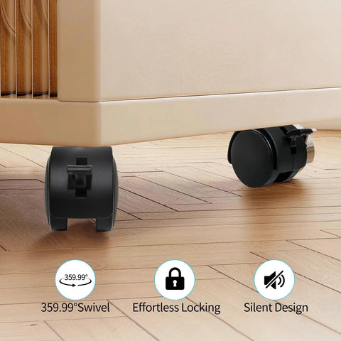 Heavy Duty Swivel Caster Wheels With Locking Brakes And Smooth Rolling Motion Tough As Nails For Office Furniture carts on wood floor.