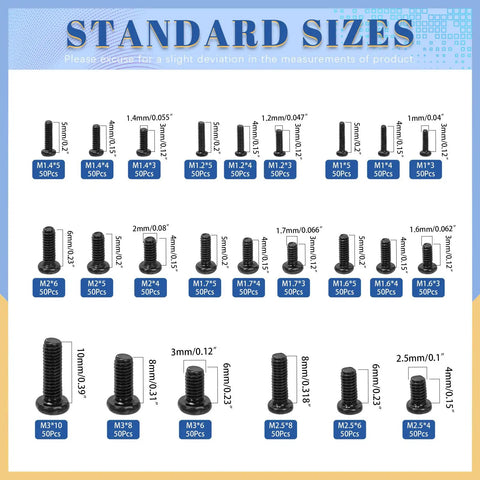Standard sizes of Built Tough Black Carbon Steel Phillips Pan Head Machine Screws 1200 Piece Heavy Duty Tiny Bolt Assortment.