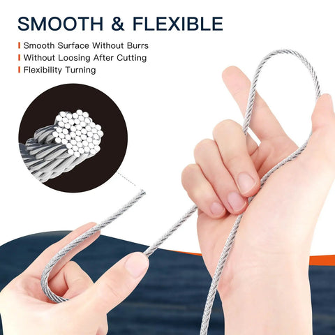 Hands bending Marine Grade Stainless Steel Cable One Eighth Inch For Deck Railing, Aircraft Style Wire Rope, Seven By Seven Strand Core