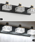 Three Light Black Brass Vanity Light For Bathroom Mirror LED Wall Fixture With Crystal Lampshades, shown off and on