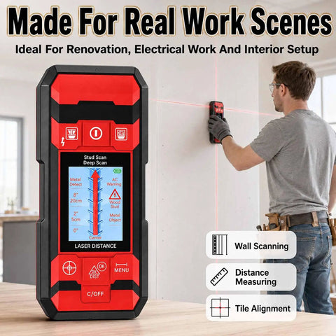 Heavy Duty Wall Scanner And Stud Finder With Smart Sensor Digital Lcd Display used by a worker measuring wall for metal and wood studs.