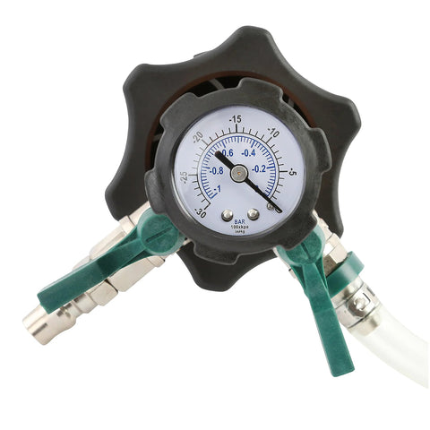 OEMTOOLS cooling system refiller air-evac kit gauge with blue dial, green hoses and metal adapters