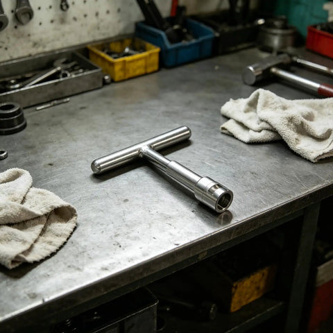 Heavy Duty Car Body Dent Puller Set For Sheet Metal Panels And Doors With T Bar tool on a workbench surrounded by supplies.