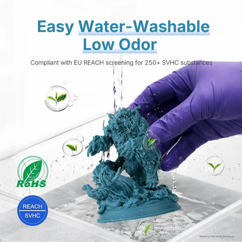 Top Tier Water Washable Abs Like 3D Printer Resin With Ridiculously Low Odor getting rinsed in water, showing matte finish and detail.