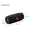 Xtreme 2 Waterproof Portable Bluetooth Speaker Built Like A Beast With 40W 4 Way Sound And A 10000mAh Battery Delivers Up To 15 Hours Of Playtime IPX7 Rugged Outdoor Ready. Image shows dimensions: 28.7 cm length, 13.7 cm width, and 10.7 cm height. Black rugged design with fabric material and red logo visible.
