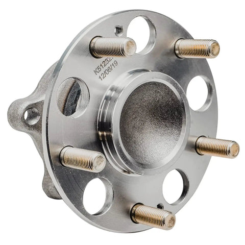 Built Rock Solid Rear Wheel Bearing And Hub Assembly Kit 2pc Pair For Acura Tsx 2004 To 2008 Honda Accord Hybrid 2005 To 2007 close up of rear wheel hub with 5 lug pattern.