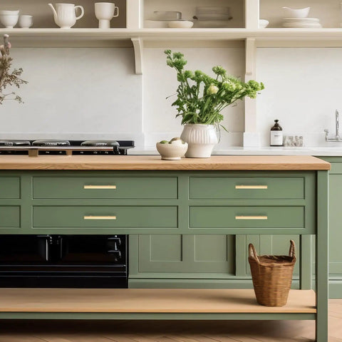 Premium Champagne Gold Square Cabinet Handles 5 Inch Drawer Pulls Five Pack on stylish green kitchen cabinetry.