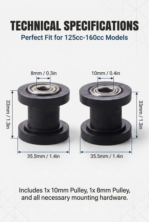 Make Your Ride Feel Sweet By Killing Chain Slack With This 2 Piece Universal Chain Tensioner Pulley Kit For Mini Bikes Pit Bikes ATVs And Dirt Bikes 125cc 140cc 160cc Black specifications with dimensions.