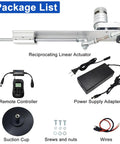 Slick 24 Volt DC Reciprocating Linear Actuator With Remote Speed Controller And Hella Adjustable Stroke Range package contents including remote, power supply and suction cup.