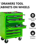 Heavy Duty Rolling Tool Chest With Lockable Parking Brakes And Butter Smooth Ball Bearing Slides 21 Inch Freestanding Storage Cabinet In Bright Green For Garage Or Shop with seven drawers and tools.