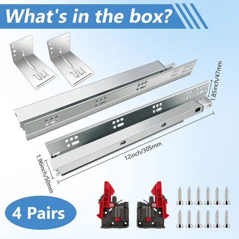 Kickass Four Pair Set Of Twelve Inch Undermount Drawer Slides With Butter Smooth Soft Close and Full Extension Concealed Runners components in box